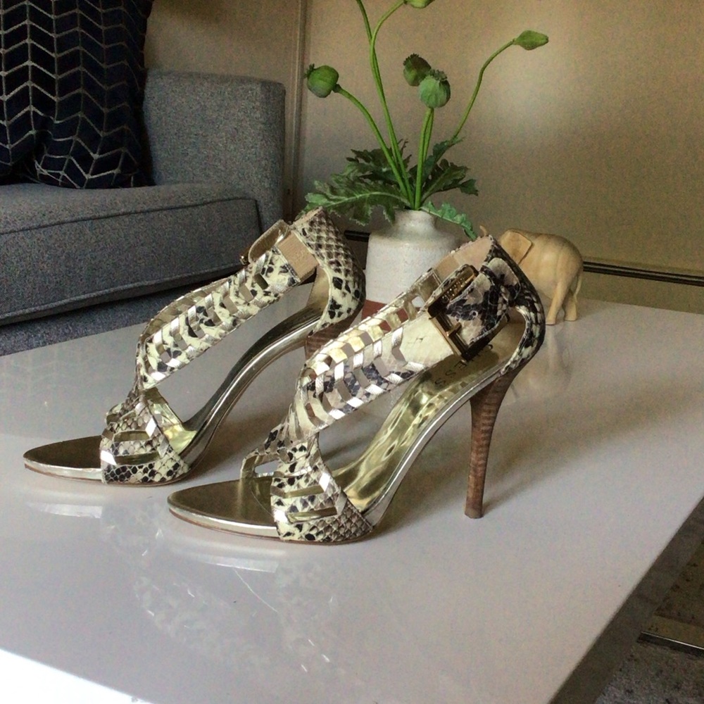 Guess Snakeskin and Gold Heels